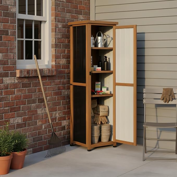 62" H Outdoor Corner Storage Cabinet with Lockable Doors, Outdoor Indoor Small Storage Cabinet with Metal Top, 3 Adjustable Shelves for Patio, Porch, Entryway or Small Spaces