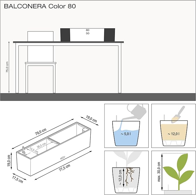 Lechuza 15683 Balconera Color 80 Self-Watering Planter for Indoor and Outdoor Use, 31" x 7" x7", Slate Matte