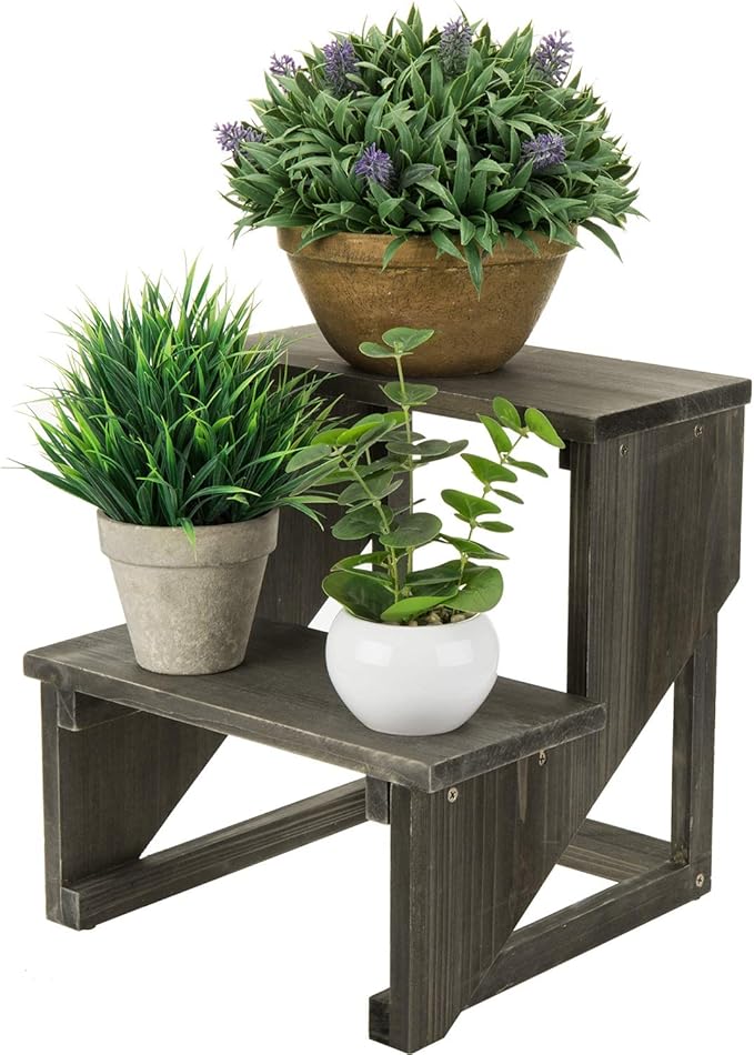 MyGift 2 Tier Rustic Dark Gray Wood Desktop Plant Rack, Farmhouse Style Planter Stand, Desk Display Organizer, Standing Flower Pot Shelf for Garden, Living Room
