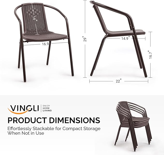 VINGLI PE Rattan Outdoor Dining Chairs Set of 2, Plastic Stackable Patio Chairs for Indoor, Porch, Restaurant, Garden, Brown