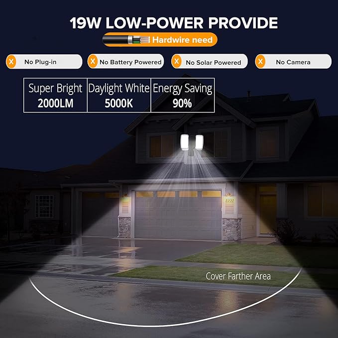 UME 19W LED Flood Light Motion Sensor Outdoor, 2 Adjustable Head, 2000LM, 5000K, IP65 Waterproof, Dusk to Dawn Security Light with Photocell for Exterior,Outside,Garage,House(Black)
