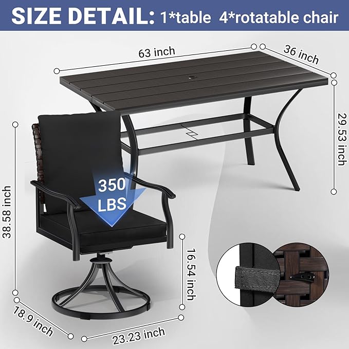 LEVELEVE 7 Piece Outdoor Patio Dining Set with 6 Swivel Dining Chairs & 1 Large Round Dining Table,Bistro Furniture Set for Lawn, Garden, Deck, Backyard and Porch