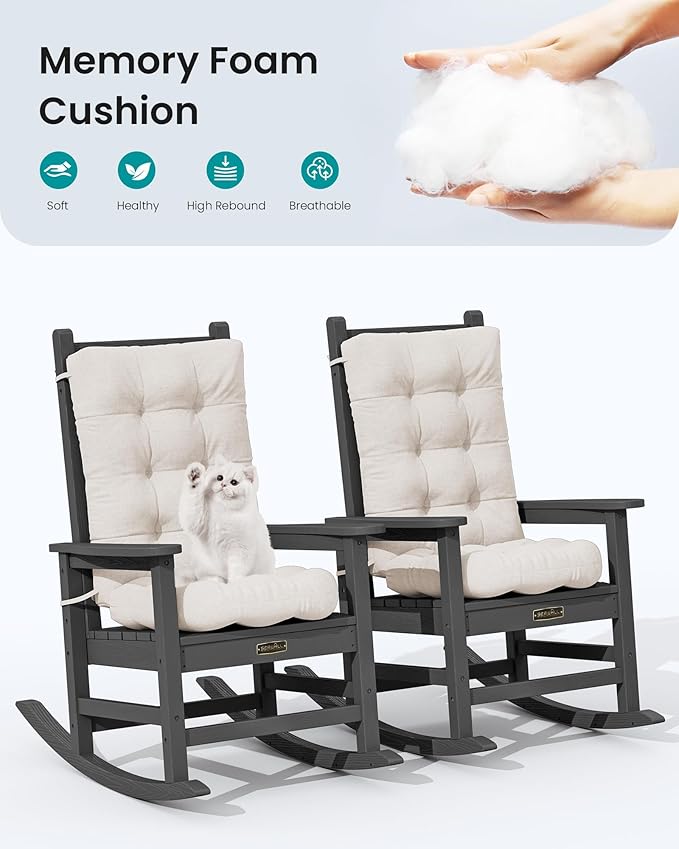 SERWALL HDPE Outdoor Rocking Chair Cushion Set of 2 Memory Foam Cushion Beige