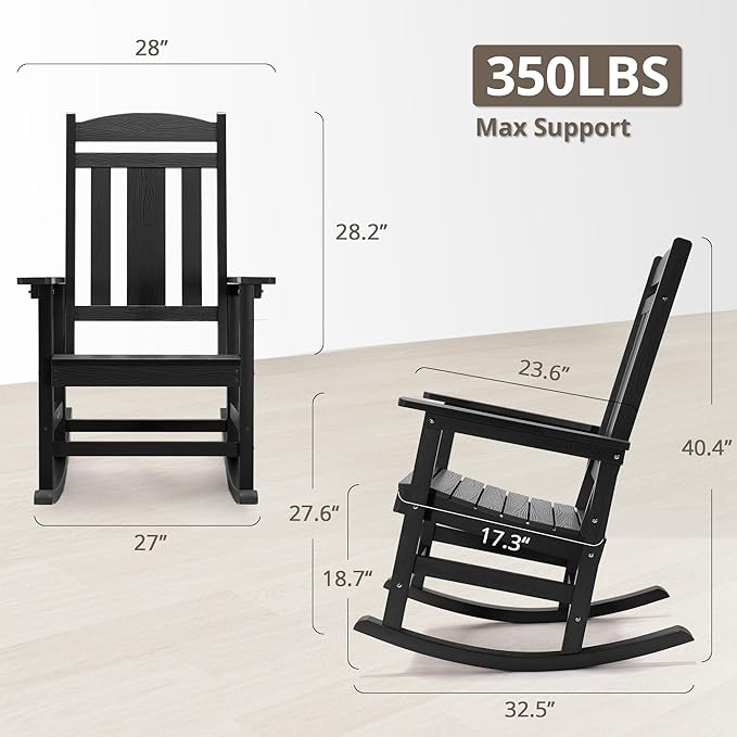 LUE BONA Rocking Chair Outdoor, Weather Resistant Poly Plastic Rocker Chairs, 350lb Heavy Duty, Oversized Porch for Adult, High Back Smooth Chairs Outdoor & Indoor, Black