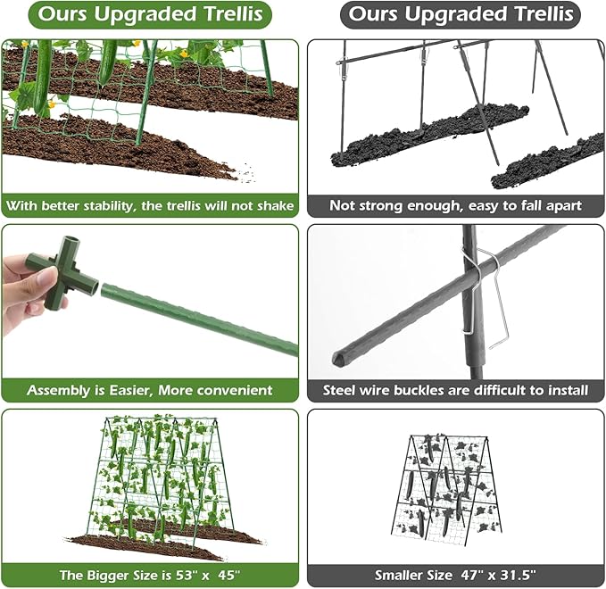 Cucumber Trellis for Raised Beds, 45 x 53 Inch Adjustable Size A-Frame Garden Trellis for Climbing Plant Outdoors with Climbing Net and Plant Support Clip for Vegetable Grape Tomato Bean Pea