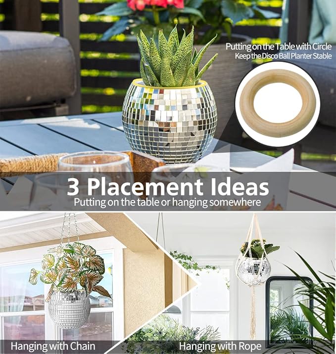Disco Ball Planter, 8" Silver Disco Ball Planter, Disco Ball Plant Hanger with Hanging Rope, Hanging Chain, Hook, Circle and Extra Mirror Pieces