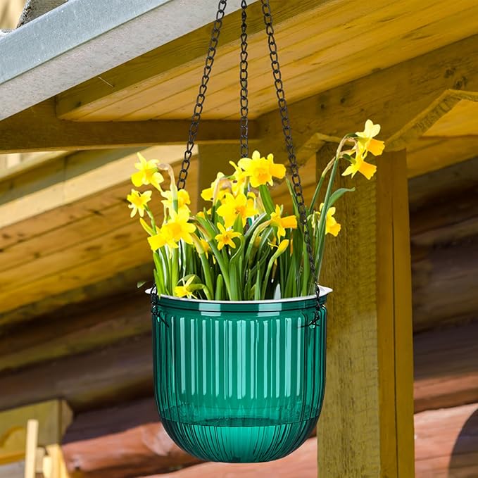 Maxcheck 4 Pcs Self Watering Hanging Planters Indoor Gift 6.5'' 4.5'' Hanging Flower Pots Baskets Outdoor Self Watering Plant with 3hooks Drainage Holes for Home(Emerald,Clear)