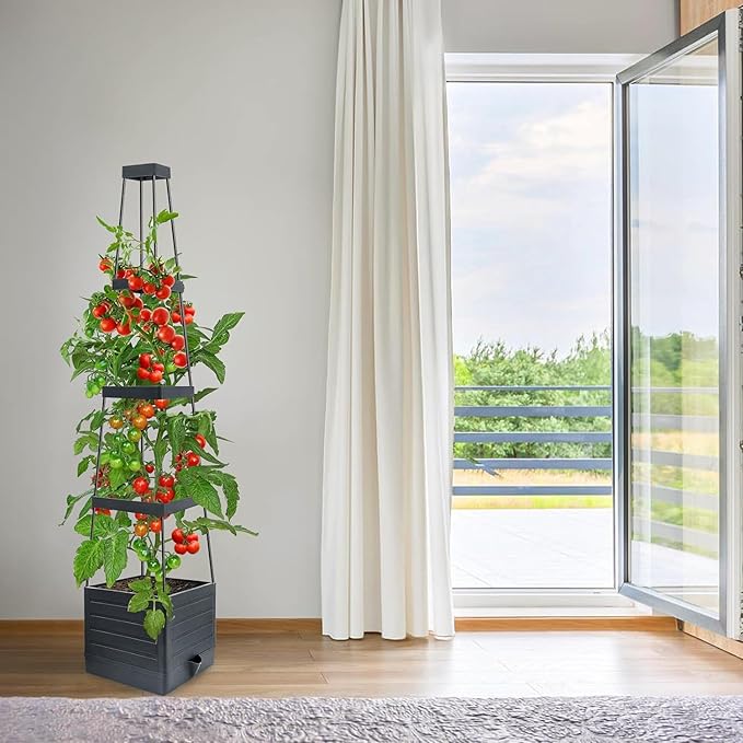 Raised Garden Bed 4 Packs, Planter Boxes with Trellis 58.3'' Tomato Planters for Climbing Vine Vegetables Flowers Plants Self Watering Tomatoes Cage for Outdoor Patio Greenhouse