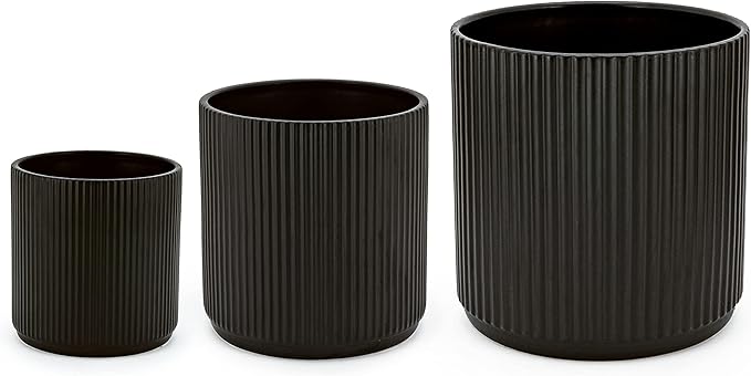 Amazon Basics Fluted Ceramic Round Planters with Drainage Hole, Indoor Outdoor Flower Pots, Assorted Sizes 6, 8, 10 inch, Set of 3, Black