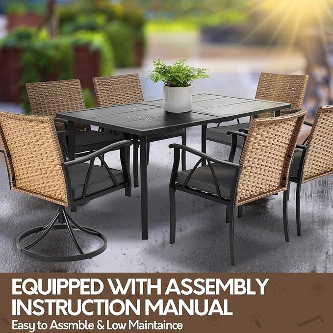 7-Piece Patio Dining Set for 6, Outdoor Dining Set with Wicker Swivel Patio Dining Chairs with Cushions & Black Rectangular Woodgrain Dining Table with 1.75”Umbrella Hole, Black & Brown