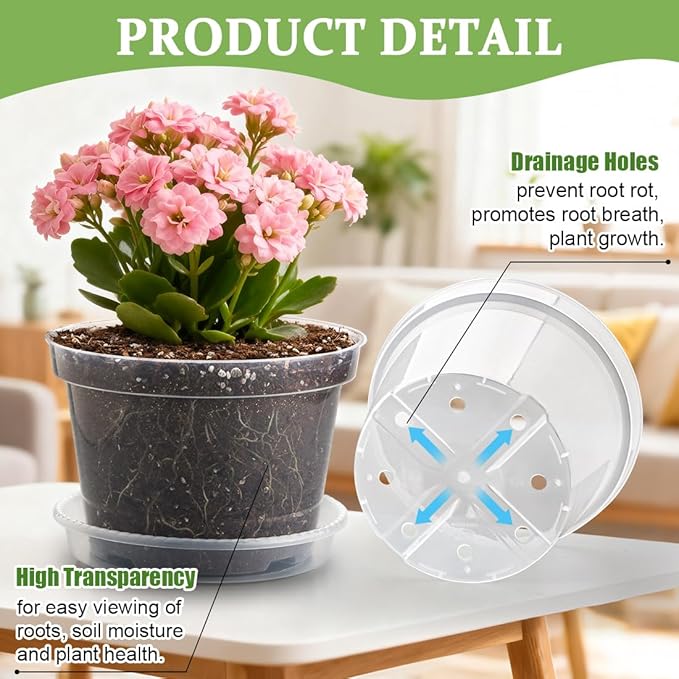 12 Pack 8 Inch Clear Plant Pots with Saucers, Transparent Plastic Nursery Pots with Drainage Hole, Sturdy Garden Planter Pots, Planting Starter Pots for Indoor Outdoor