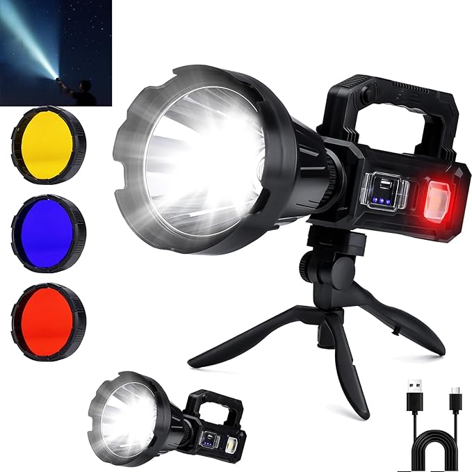 Solar Rechargeable Spotlight, 2,000,000L High Lumens Led Spot Lights Outdoor Handheld Super Bright Long Range Flashlight with 6 Modes, 3 Colored Filters, Tripod, USB C, IPX6 Waterproof for Fishing