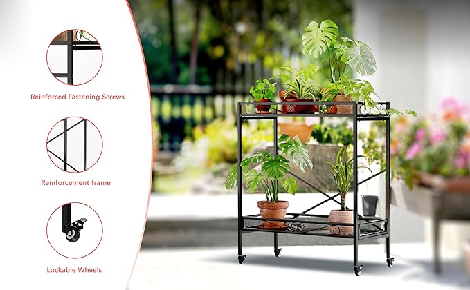 Zhongma 2 Tier Sturdy Metal Plant Stand with Wheels, 32.7x16x39.4 Inch High, Heavy Duty Succulent Shelf for Home Indoor and Outdoor, 440 LBS Capacity & Heavy Duty Construction