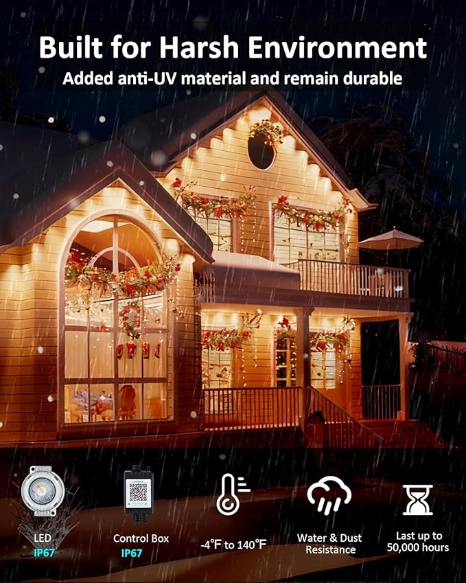 300FT Permanent Outdoor Lights, RGB LED Eaves Lights with IP67 Waterproof, Smart App Remote Control, Music Sync, for Christmas, Party, All Holiday Decorations