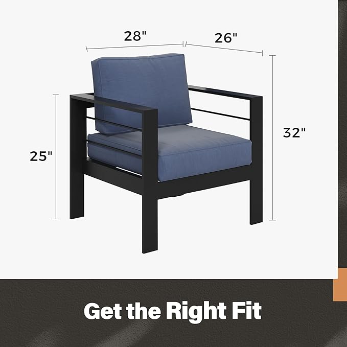 Solaste Patio Furniture Metal Armchair, 2 PCS All-Weather Aluminum Garden Outdoor Contemporary Sofa Chair with Cushions, Blue