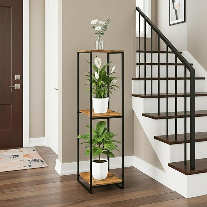 46" Tall Plant Stand Indoor, 3-Tier Modern Plant Shelf, Corner Flower Pot Holder Organizer for Living Room Balcony Patio Garden (Rustic Brown)