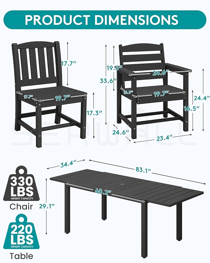 SERWALL 7-Piece Outdoor Dining Set, 60" - 83" Expandable Outdoor Dining Table and 6 HDPE Chairs, All Weather HDPE Outdoor Furniture Set for Backyard, Garden, Black