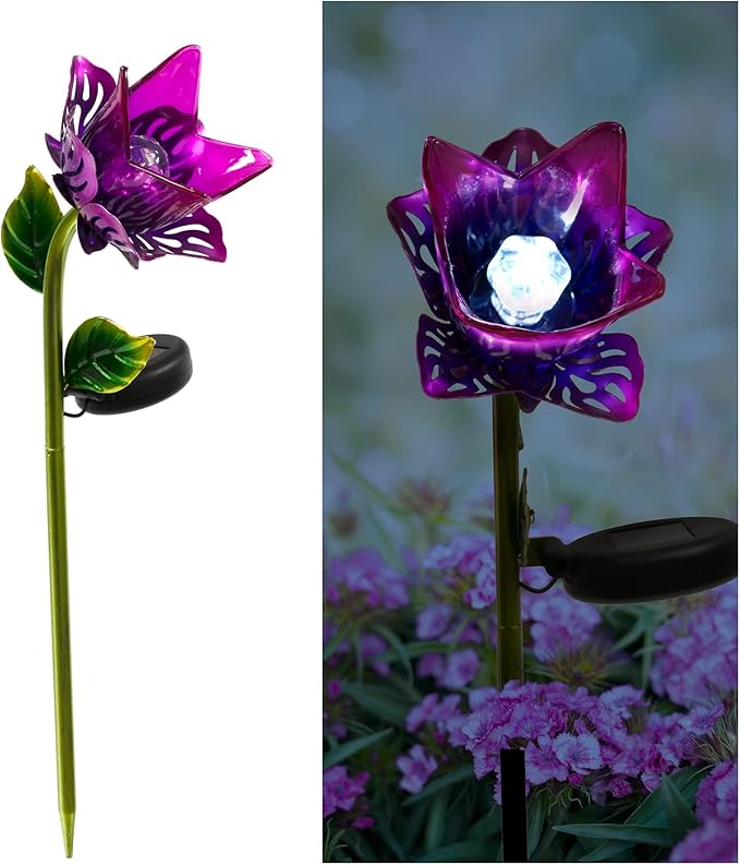 Crosslight Glass Flower Solar LED Waterproof Outdoor Garden Stake - Decorative Electronic Light Garden Decor for Yard, Lawn, Patio, Deck, Pathway, Pond, Backyard (Purple)