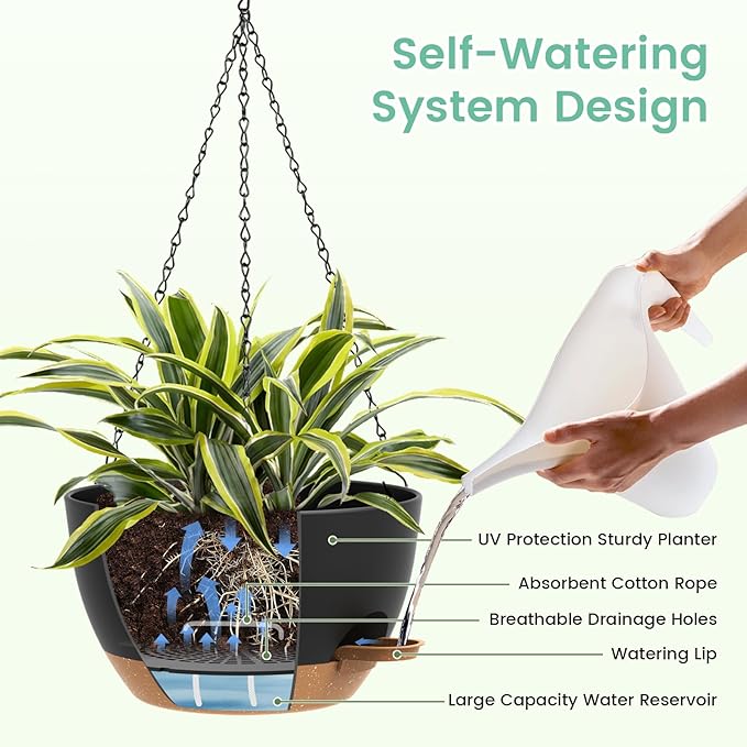 Set of 3-10 Inch Self Watering Hanging Planters for Indoor Outdoor，Hanging Plant Pots with Drainage & Removable Tray, Hanging Pots Holder for Ivy, Pothos, Ferns, Balcony & Patio, Black with Brown