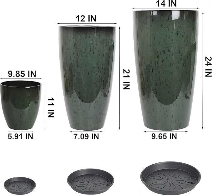 24,21,11 Inch Large Plastic Planters with Drainage Hole and Saucer - Set of 3 Tall Plant Pots Indoor Flower Pot Tall Round Planters Outdoor Large Tall Planter
