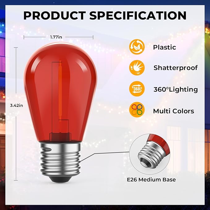 24 Pack S14 Colored LED String Light Bulbs, 1W Plastic Shatterproof Replacement Bulbs for Outdoor Patio Backyard Lights, E26 Medium Base, Warm White 2200K, Dimmable, Red/Green/Blue/Orange