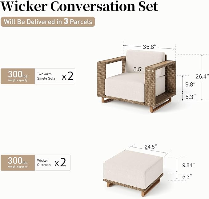 2 Pieces Patio Furniture Set,Outdoor Rattan Wicker Armchirs and Ottomans with 10''Ultra-Thick Cushions,All Weather Patio Conversation Set for Lawn Garden Backyard,Beige