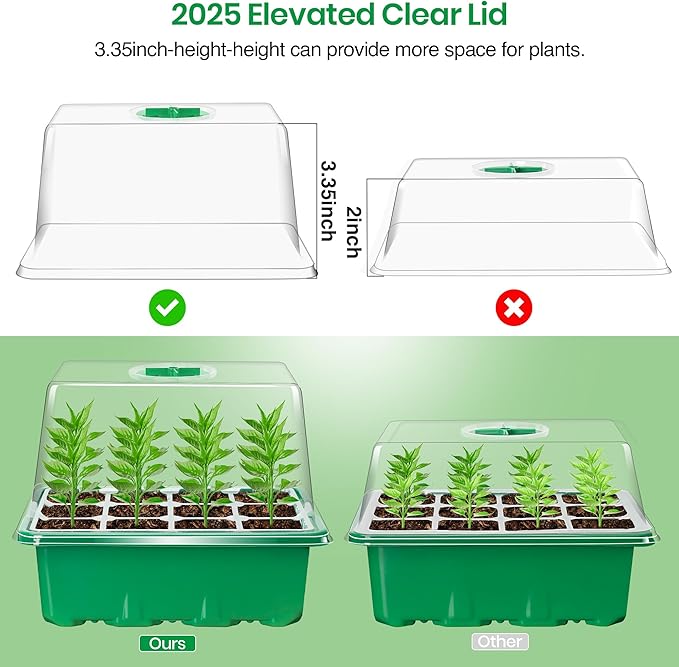 Bonviee 10 Packs Seed Starter Tray with Elevated Lid, 120 Cells Thicken Seed Starting Trays Kit with Adjustable Humidity Vent, Clear Cell Tray and Heightened Lids for Greenhouse & Gardens, Green
