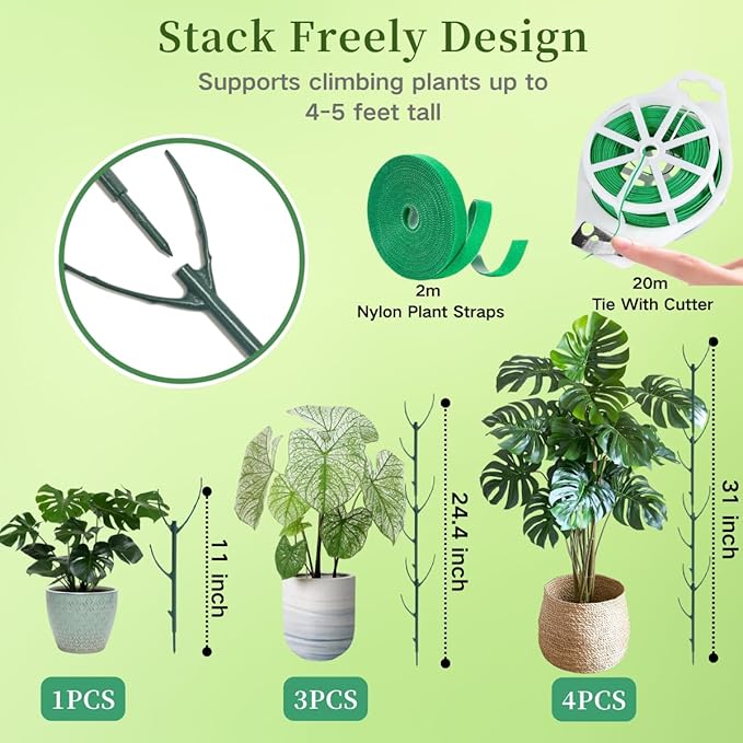 12 Pack Stackable Monstera Plant Support Stakes, 90inch Climbing Plant Sticks Structures with Garden Ties, Durable Alternative to Moss Pole for Indoor Outdoor Plants