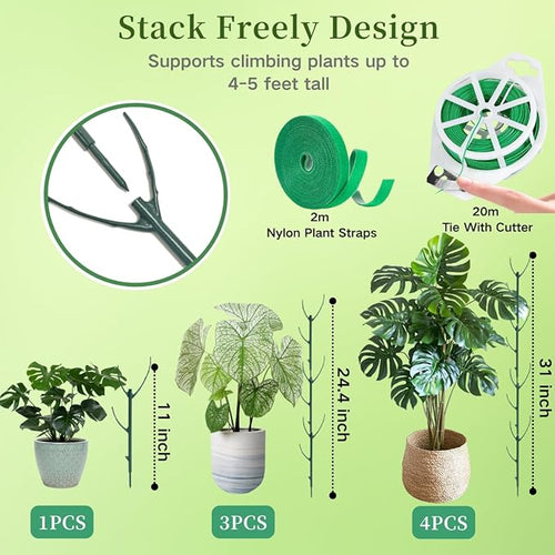 10 Pack Stackable Plant Support Stakes, 75inch Climbing Plant Sticks Structures for Monstera with Garden Ties, Durable Alternative to Moss Pole for Indoor Outdoor Plants