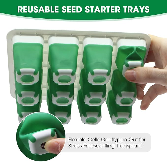 5PCS 60 Cell Self Watering Seed Starter Tray with Grow Light, Reusable Silicone Seed Starter Kit with Humidity Dome, 60 Cells Plant Germination Trays for Seeding Planting Growing（5-Pack 60-Cell）