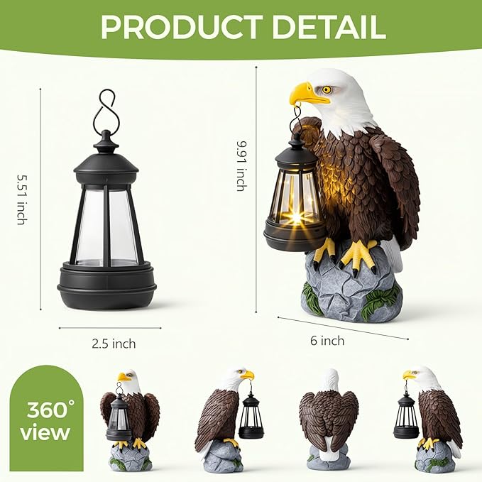 American Bald Eagle Garden Statue with Solar Light,Outdoor Decor Sculpture,Perfect for Patio,Yard,Porch,Balcony,Distinctive Bald Eagle Home Decor,250 Anniversary USA Gift for Men Father