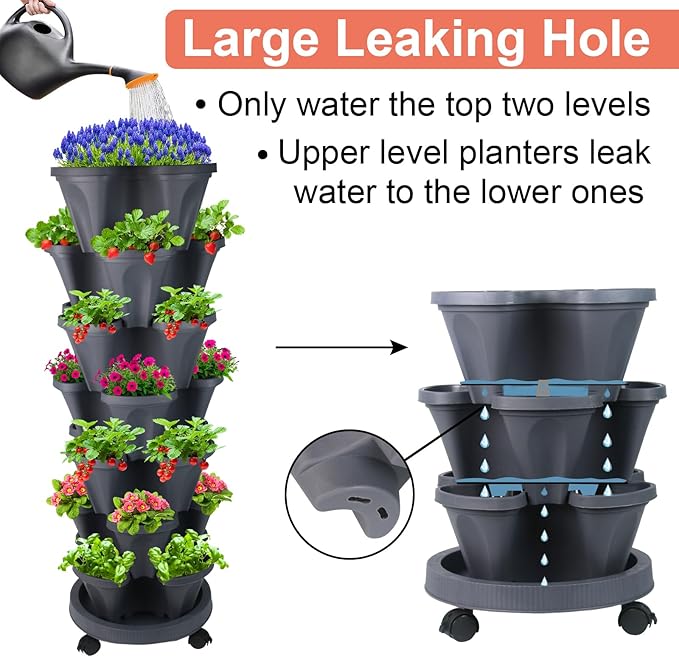 GameXcel Vertical Planter 7 Tier Stackable Planters Garden Planters Strawberry Herb Flower and Vegetable Planter Indoor Outdoor Gardening Pots with Removable Wheels and Tools - Dark Gray
