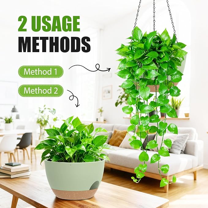 8 Inch Hanging Planters for Indoor Outdoor Plants, 4 Pack Green Brown Plastic Self Watering Hanging Baskets with Drainage Holes and Chain for Garden Porch