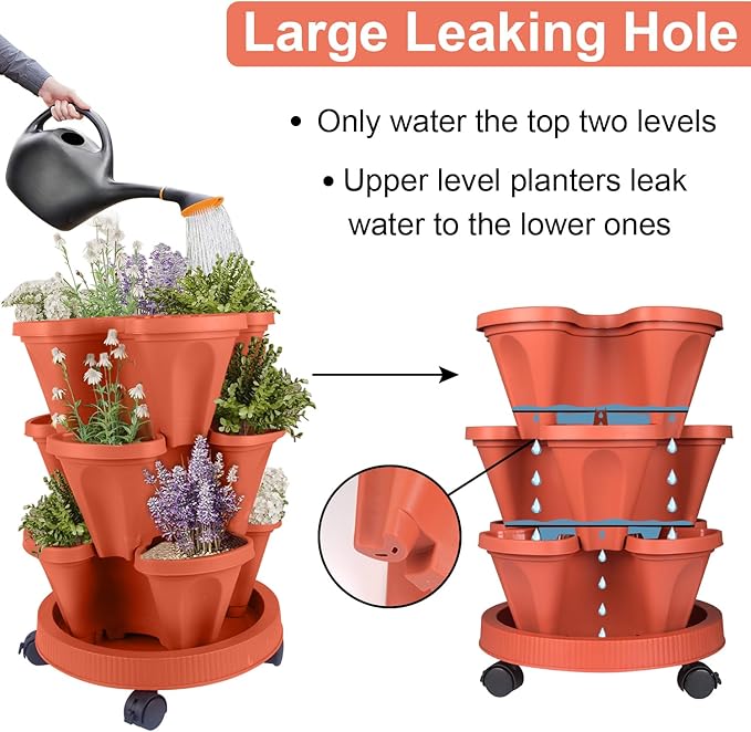 DUNCHATY Stackable Planters 3 Tier Vertical Garden Planting Tower Planters Strawberry, Herb, Flower, and Vegetable Planter Indoor Outdoor Gardening Pots with Removable Wheels and Tools