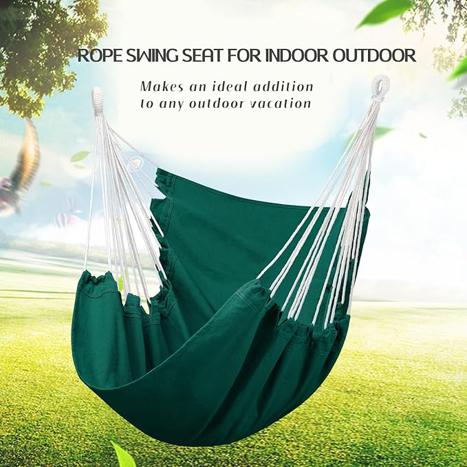 Hommtina Hammock Chair Hanging Rope Swing, Max 300 Lbs Hanging Chair with Pocket & Durability Perfect for Outdoor, Home, Bedroom, Patio, Yard (Pillows NOT Included,Dark Green)