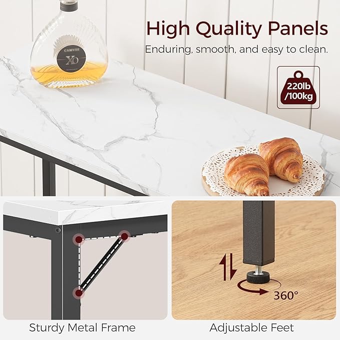 Narrow Bar Table, 63-Inch Pub Table for Dining Room, Counter Bar Tables with Sturdy Metal Frame, Connectable Bar Table, Multifunctional Console Table, Marble and Black BTHM1601