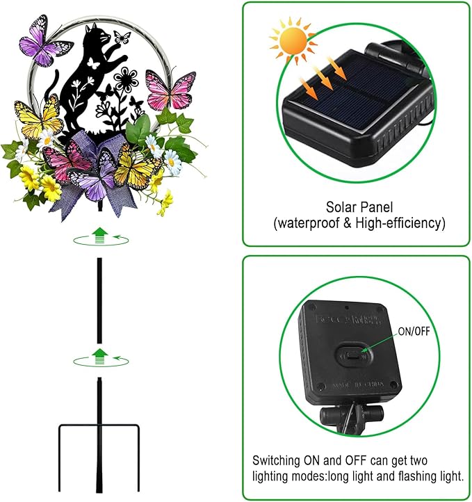 Cat Solar Lights Outdoor Garden,Silhouette Cat with Butterflies Waterproof Garden Stake for Yard, Lawn,Best Gifts for Women