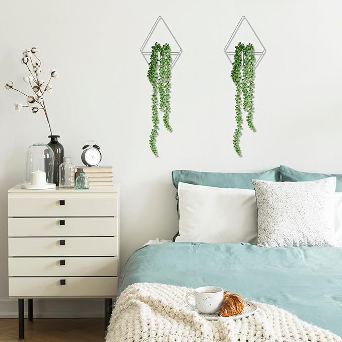 2 Pieces Wall Decor Hanging Planters with Artificial Plants Metal Hanging Vase Indoor Plants Holder Modern Boho Wall Art for Bathroom Bedroom Living Room Decor, Silver, Succulents