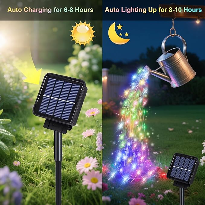 ZNYCYE Solar Waterfall Fairy Bunch Lights Outdoor Waterproof 200LEDs 8 Modes Watering Can Light, Multi-Colored Solar Powered String Lights Firefly Vine Christmas Tree Garden Decorations Gifts for Mom