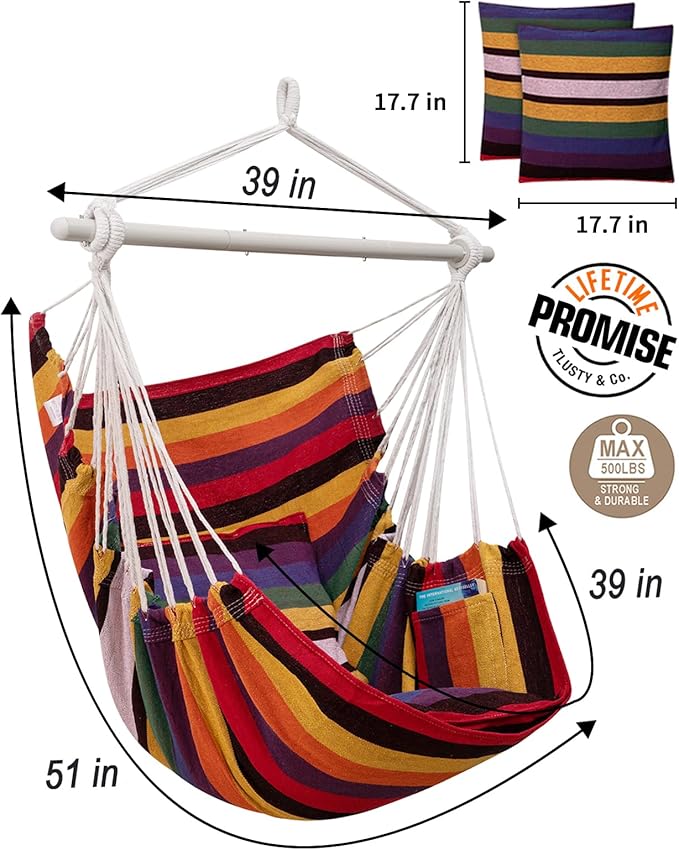 MIZTLI Hammock Chair Hanging Chair Swing Chair Hanging Chair for Bedroom Indoor Outdoor- Max 500 Lbs－Steel Spreader Bar with Anti-Slip Rings, 2 Cushions