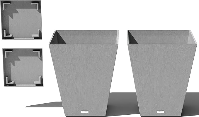 Veradek Nobleton Indoor/Outdoor Wide Square Planter (Light Grey, 22 inch - 2 Pack with 2 Saucer Trays)