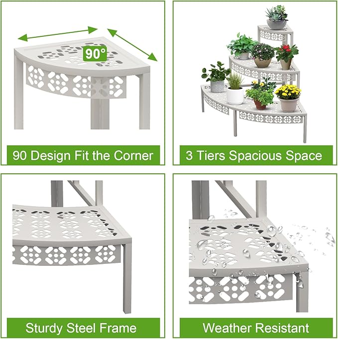 aboxoo 3 Tiers Metal Plant Stand,Rectangular Ladder Flower Pots Outdoor Plant Rack, Indoor Plant Display Rack, Heavy Duty Utility Storage Organizer for Home Garden Patio Balcony, Stair Style(White)
