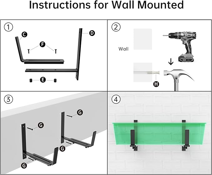 Y&M 6 Pack Adjustable Planter Box Brackets (6 to 12.5 in), Universal Window Box Brackets, Heavy Duty Iron Flower Box Wall Mounting Hooks for Balcony, Fences, Patio, and Garden - Black