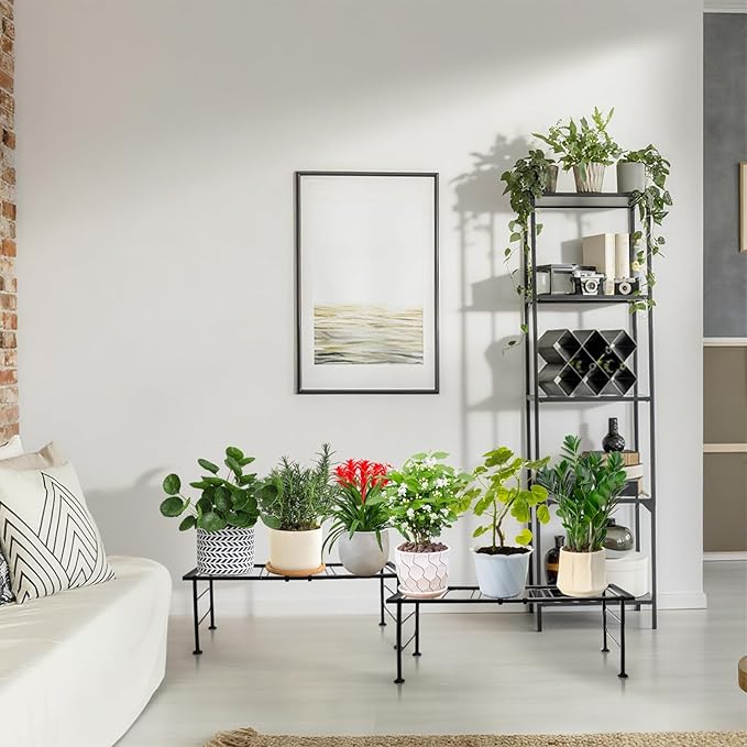 2 Pack Metal Plant Stand Indoor Outdoor, 1 Tier Heavy Duty Flower Pot Stands, Space-Saving Ladder Planter Holder, Decorative Flower Display Rack for Patio Living Room Garden Corner Balcony