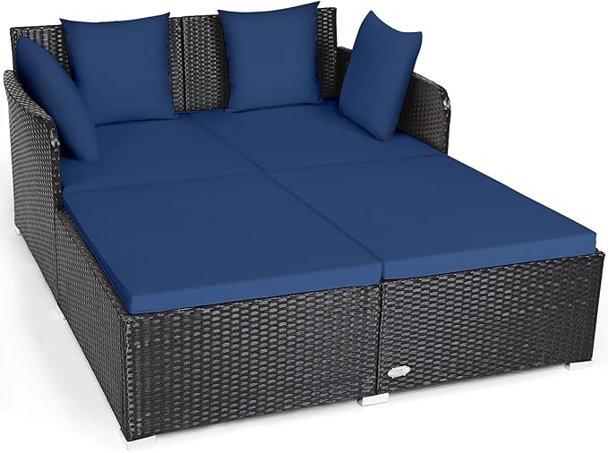 COSTWAY Outdoor Patio Rattan Daybed, Sponge Cushioned Loveseat Sofa with 4 Pillows, Wicker Furniture Sunbed for Balcony, Courtyard (Navy Blue)