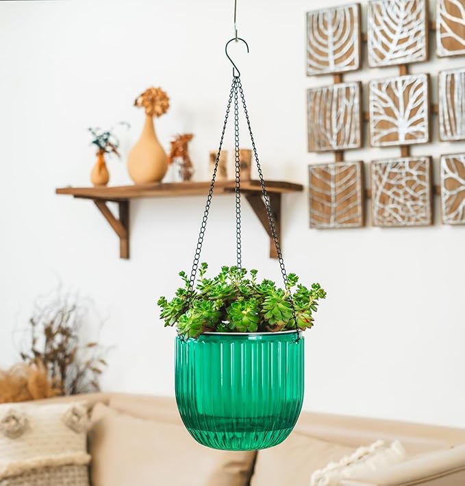 Melphoe 1 Pack Self Watering Hanging Planters Indoor Flower Pots, 8.3 Inch Outdoor Hanging Plant Pot Basket, Plant Hanger with 3Hooks Drainage Holes for Garden Home