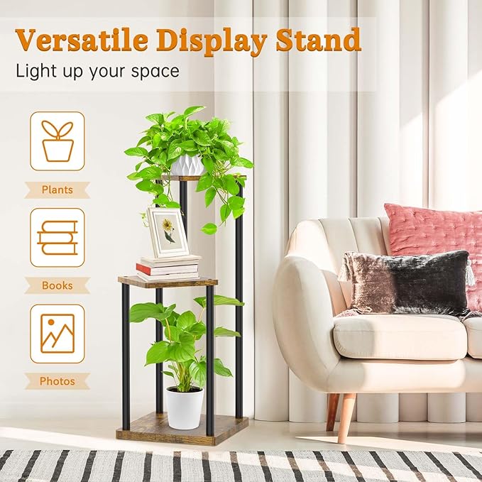 3 Tier Corner Plant Stand Indoor, Metal Wood Flower Pot Holder Shelf, Multiple Display Rack Square Table for Living Room Bedroom Orchid Outdoor Balcony Garden Patio, Modern Black & Rustic Brown