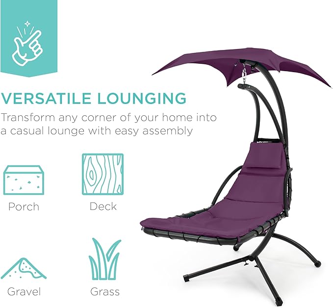 Best Choice Products Outdoor Hanging Curved Steel Chaise Lounge Chair Swing w/Built-in Pillow and Removable Canopy - Purple
