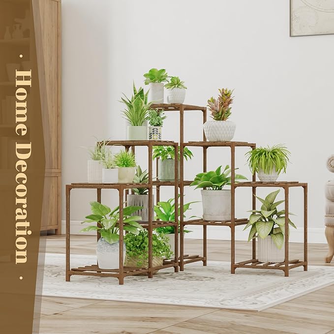Bamworld Plant Stand Indoor Outdoor Corner Shelf 11 Potted Large Holder for Multiple Plants Wooden Tall Stands Combo Table Rack Garden Patio Lawn Window