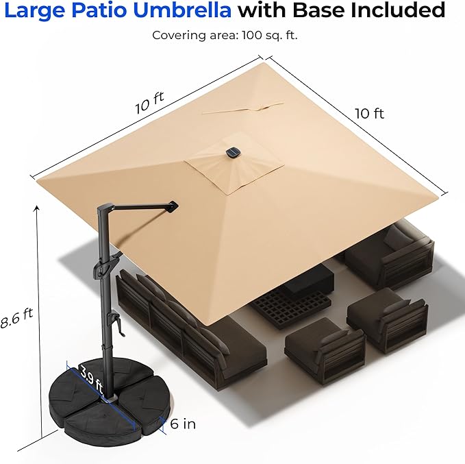 HOMSHADE 10 ft Square Cantilever Patio Umbrella with Base Included, Solar Lights Large Umbrella Outdoor Patio with 360°Rotation&Tilting, LED Lighted Offset Umbrellas w/Stand for Pool Deck